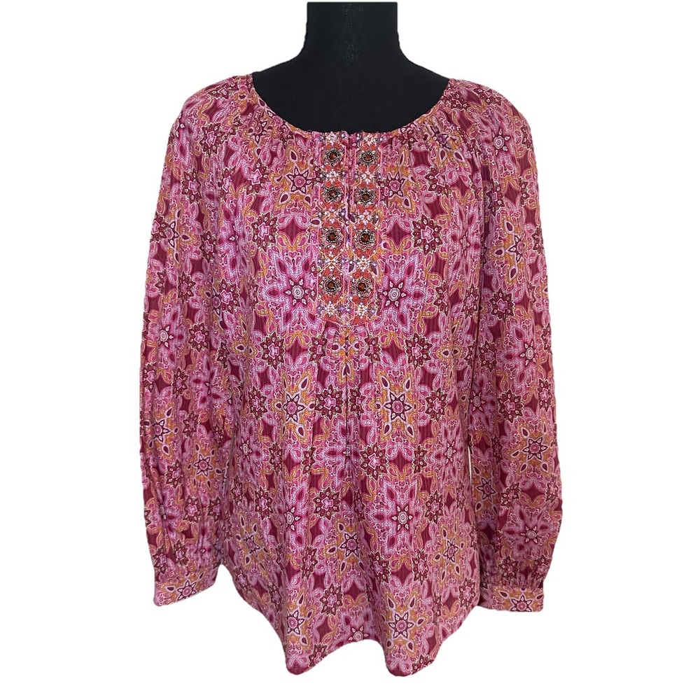 Robert Graham Women's SMALL Pink Purple Beaded Embroidered Paisley Boho Blouse